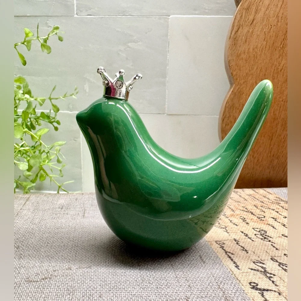 New Small Green Ceramic Bird w/ Silver Tone Crown Decor Figurine - 3”